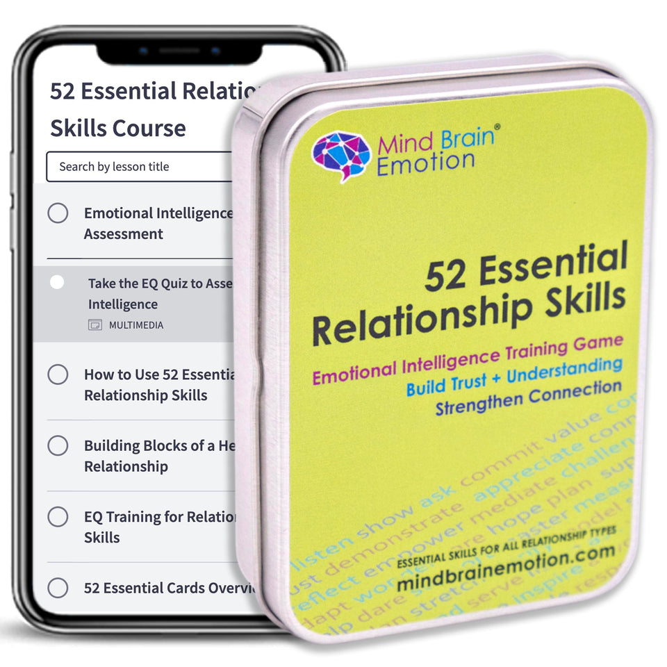 Mind Brain Emotion deck front with bold prompts for emotional intelligence practice.