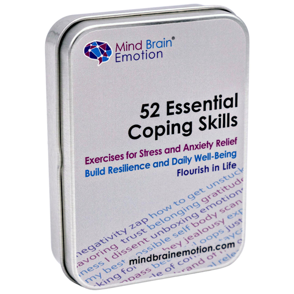 Mind Brain Emotion coping cards deck cover, a portable self-care tool for stress relief.