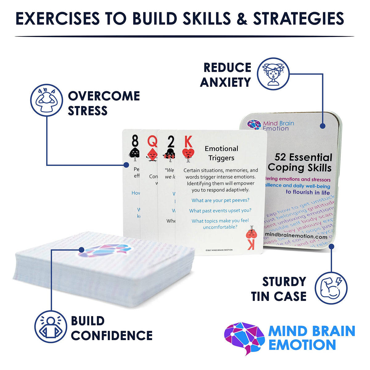 Mind Brain Emotion coping cards in hand demonstrating quick exercises for calmer moments.