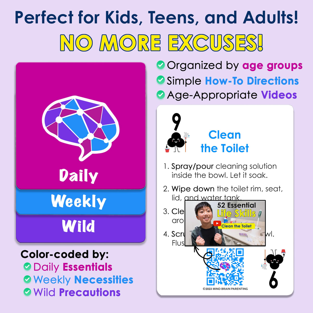 Mind Brain Emotion independence-skills cards foster time management and self-reliance.