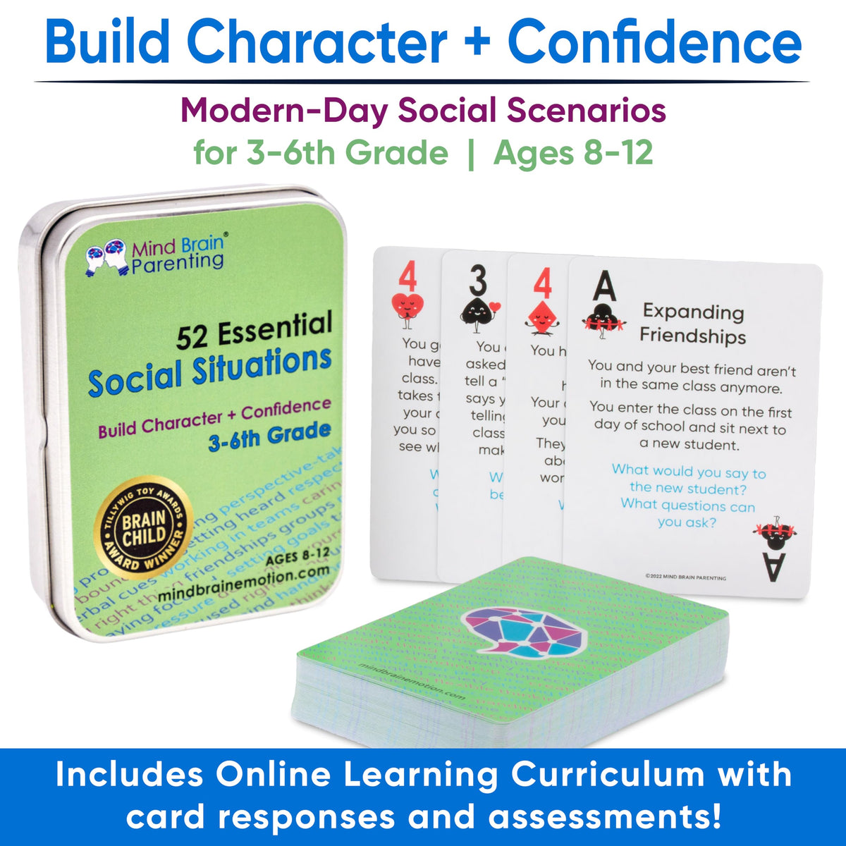 Mind Brain Emotion social-skills cards for kids reading to practice daily conversations.