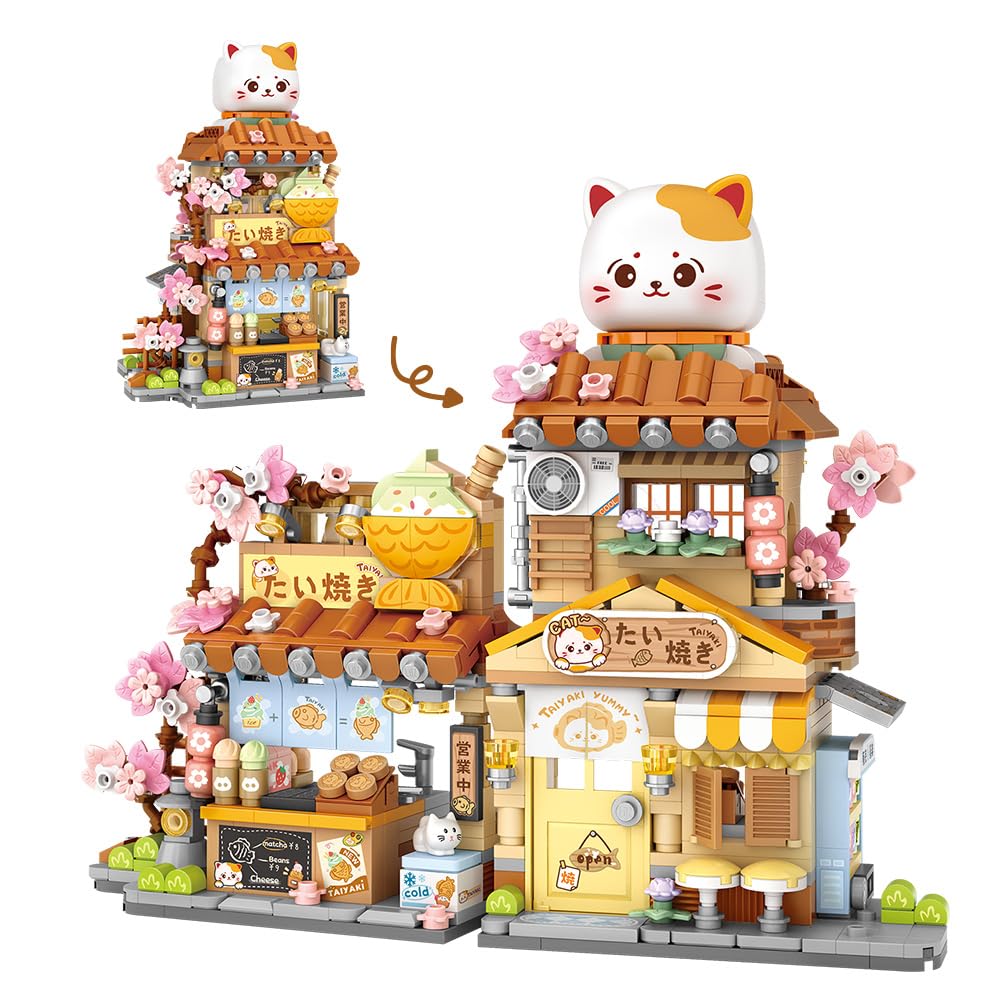 MindBox Lucky Cat Building Set front view with openable Taiyaki Shop for creative play.