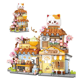MindBox Lucky Cat Building Set front view with openable Taiyaki Shop for creative play.