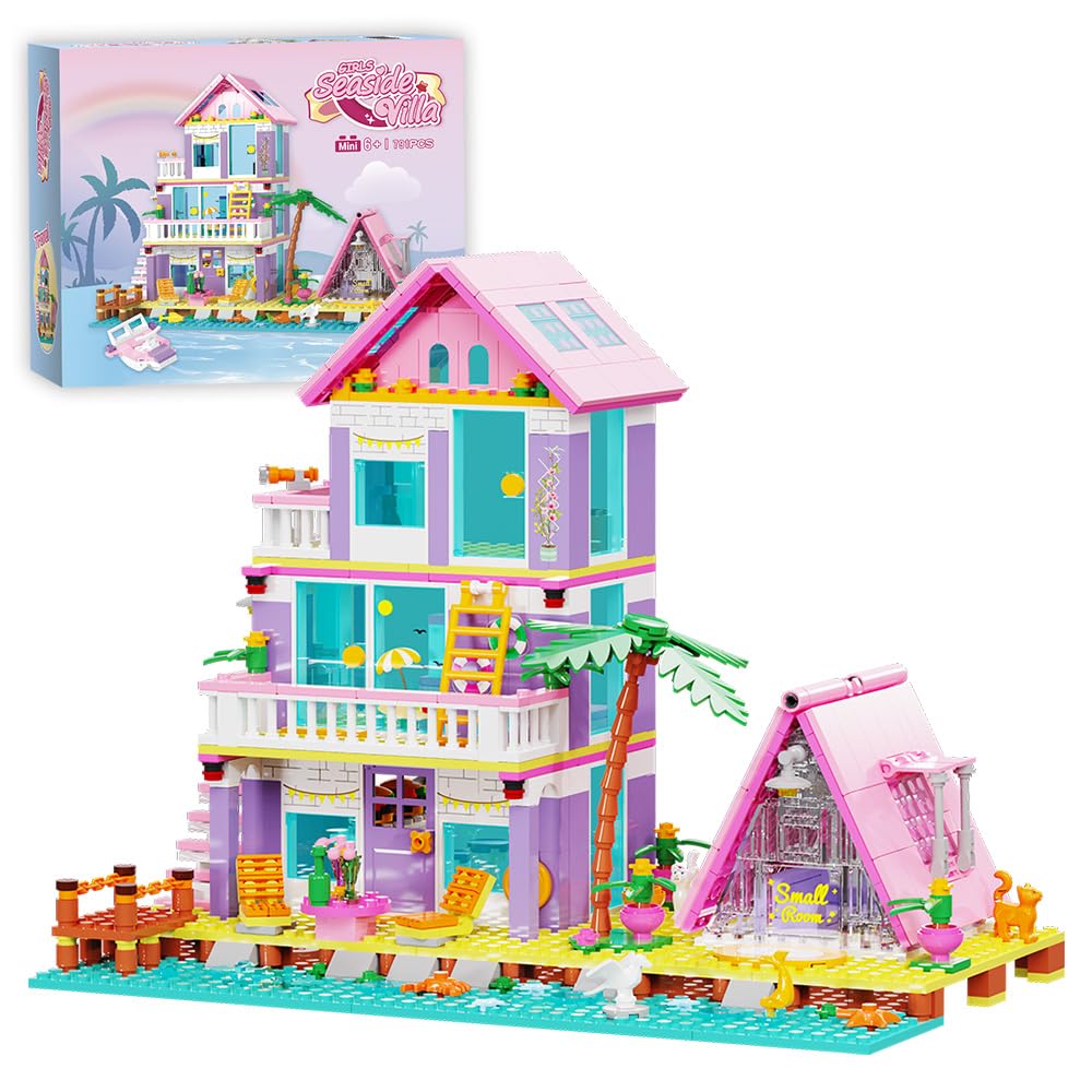 MindBox Seaside Villa 3-floor building set glows with LED for cozy night play.