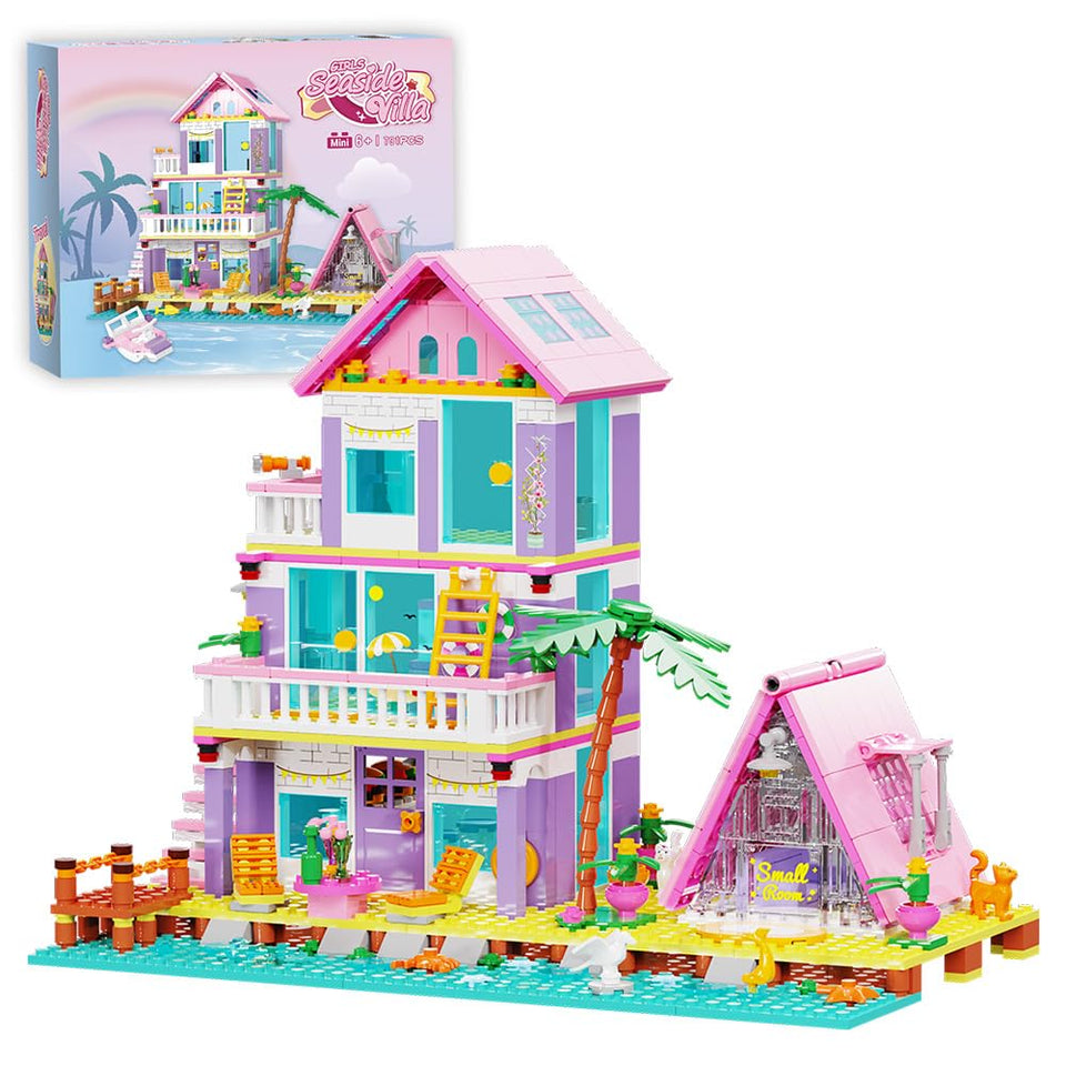 MindBox Seaside Villa 3-floor building set glows with LED for cozy night play.