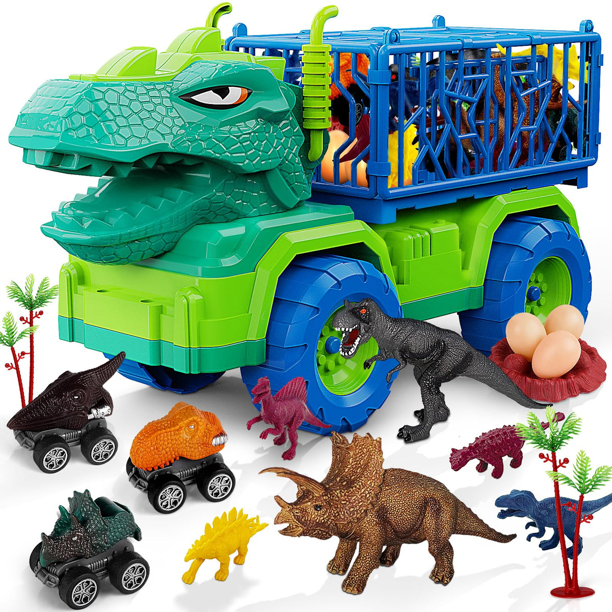 MindPal 19 in 1 dinosaur transport truck with T-Rex head for imaginative play.