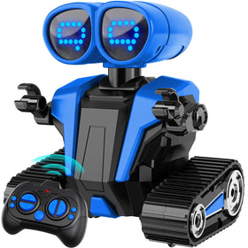 MindPal blue robot toy with LED eyes, easy remote play for kids.