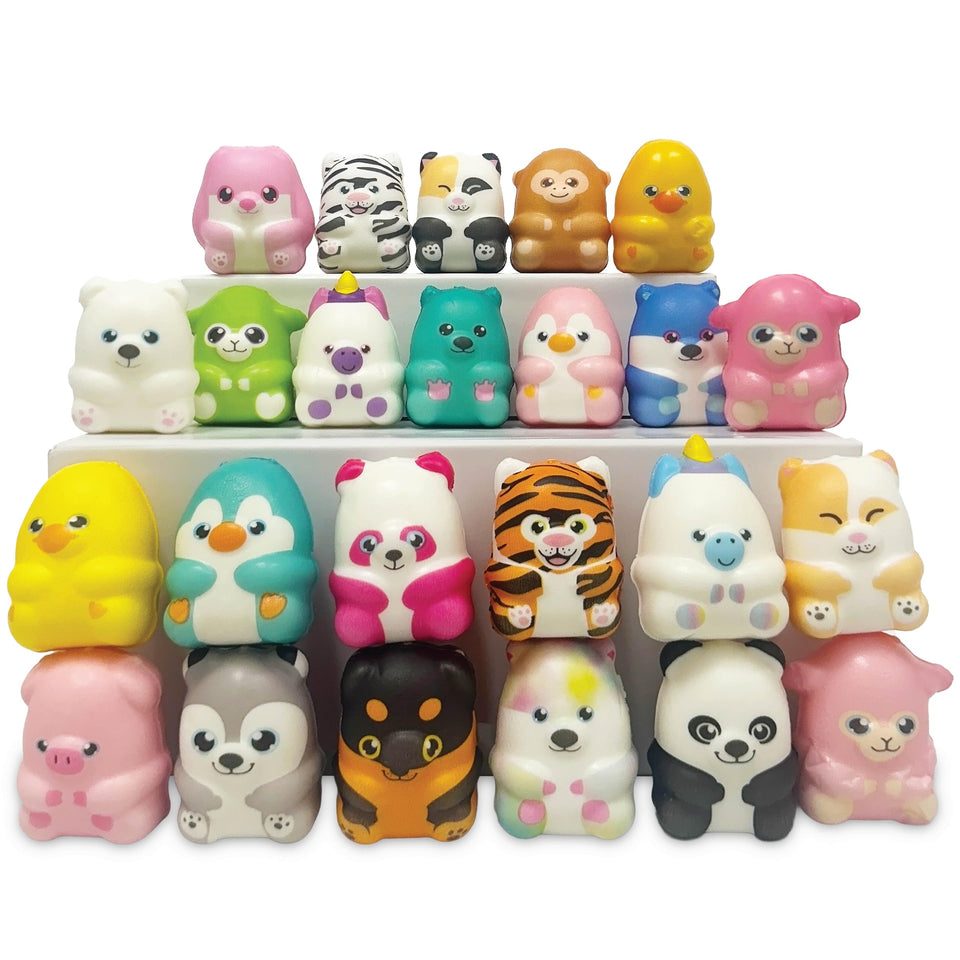 MindWare 24-squishy-animals-set with soft, slow-rise foam for classroom fun.