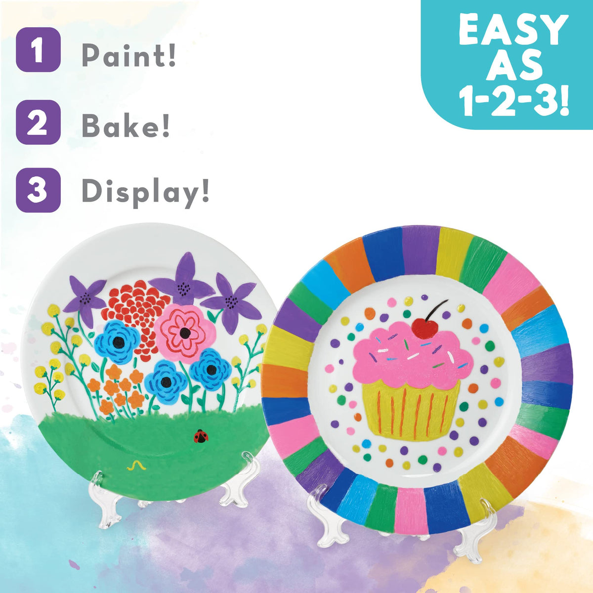 Color guide demonstrates techniques like brushing and sponging for expressive results
