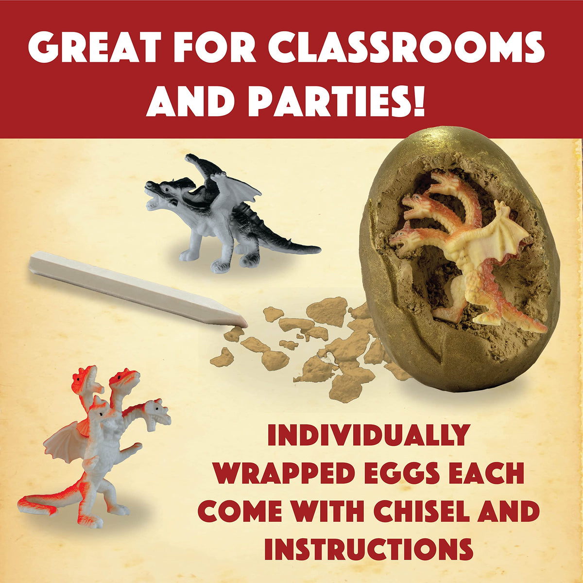 MindWare Dig It Up Dragon Eggs exposes a dragon toy inside each egg during excavation