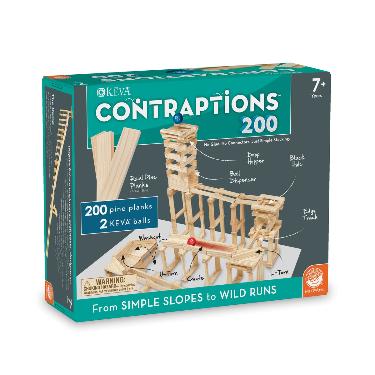 MindWare KEVA Contraptions 200-plank set close-up for precise builds