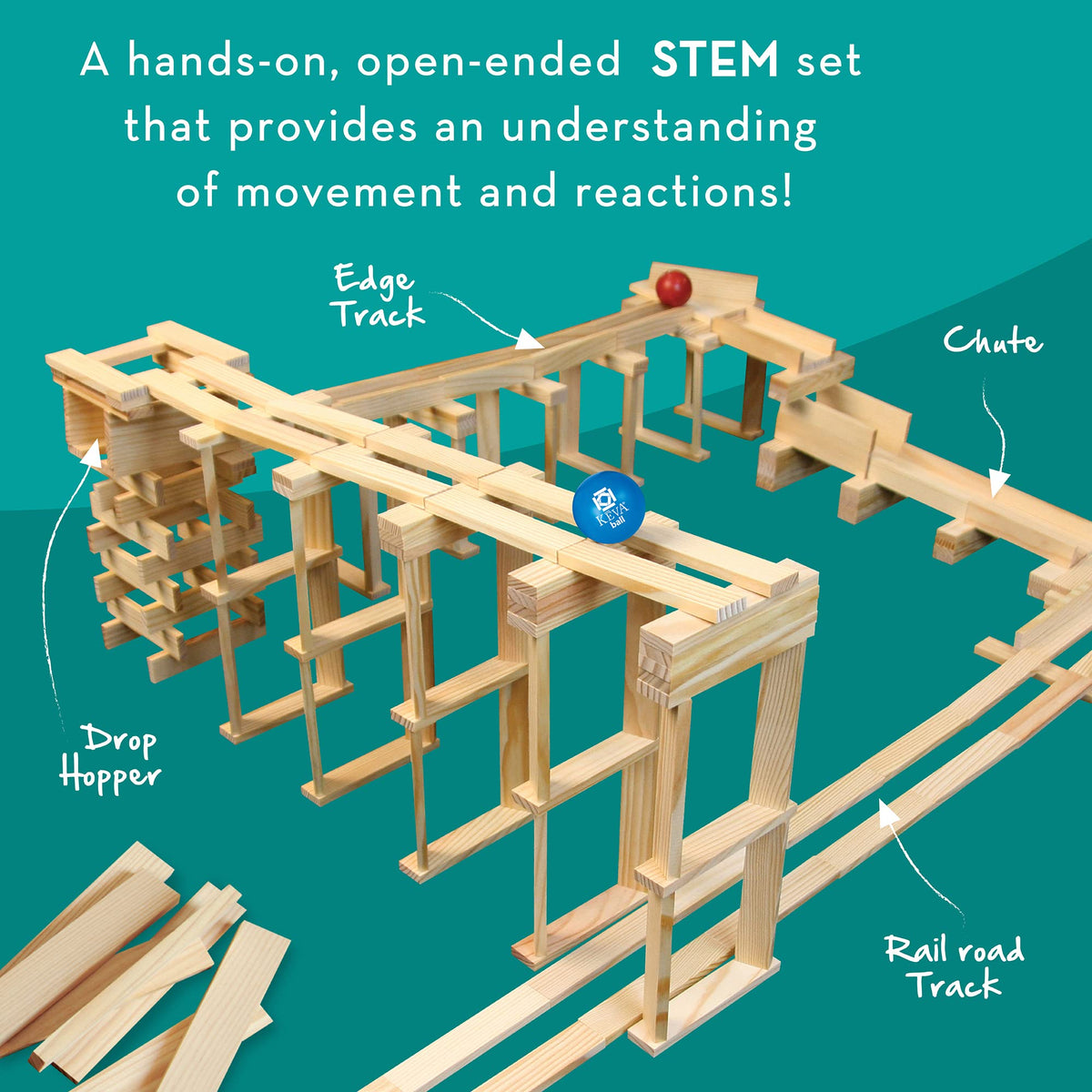 MindWare KEVA Contraptions assembly setup showing scaffolds and ramps