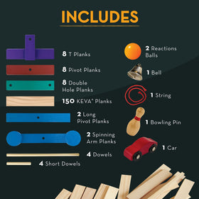 MindWare KEVA Contraptions bowling-pin and bell elements invite interactive chain reactions.