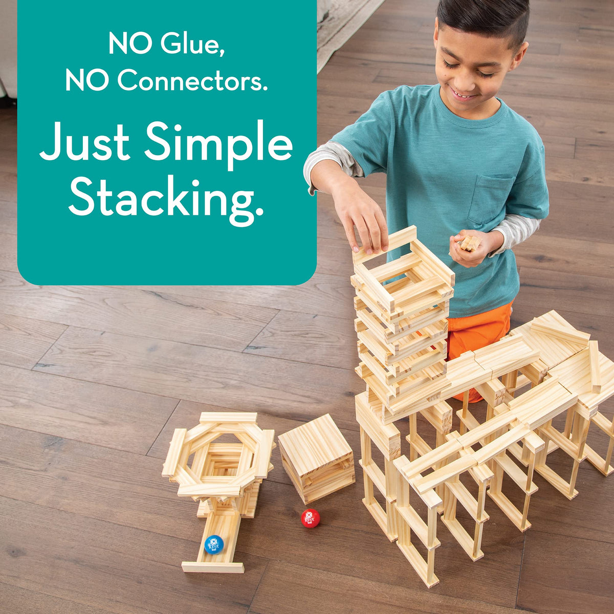 MindWare KEVA Contraptions two balls ready for marble run play