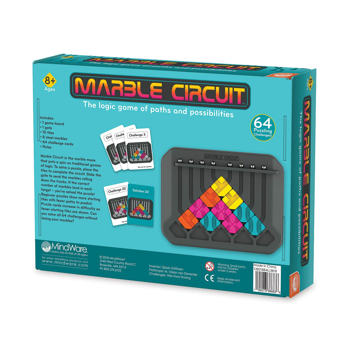 MindWare Marble Circuit Puzzle age 8+ badge on the box for family-friendly play.