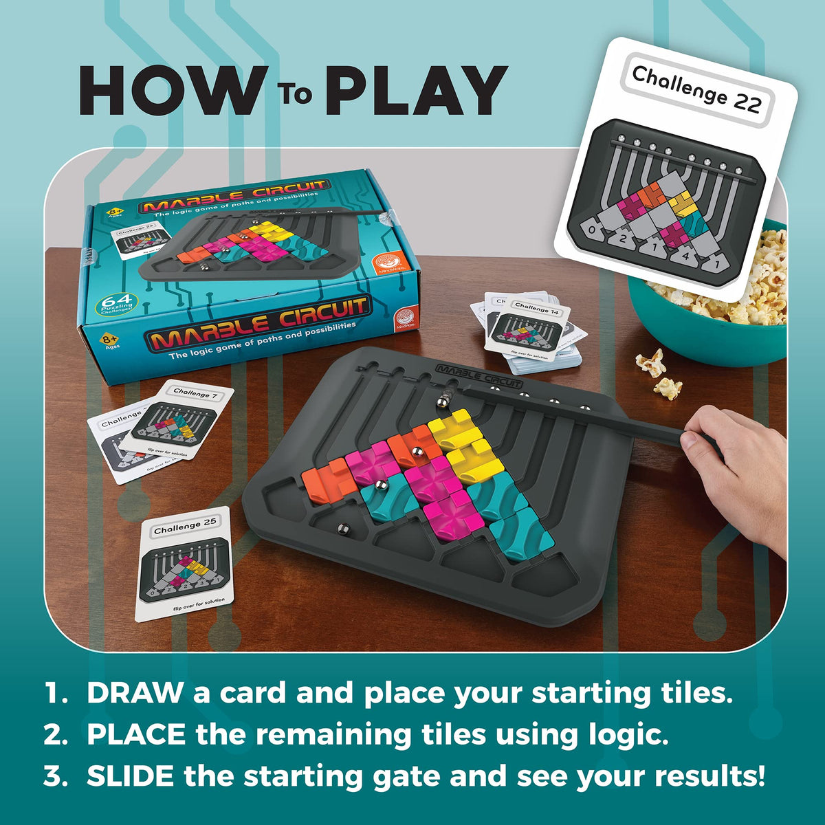 MindWare Marble Circuit Puzzle steel marbles glinting as they roll toward targets.