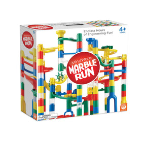 MindWare Marble Run contents and marbles demonstrate complete play set with ready-to-use versatility.