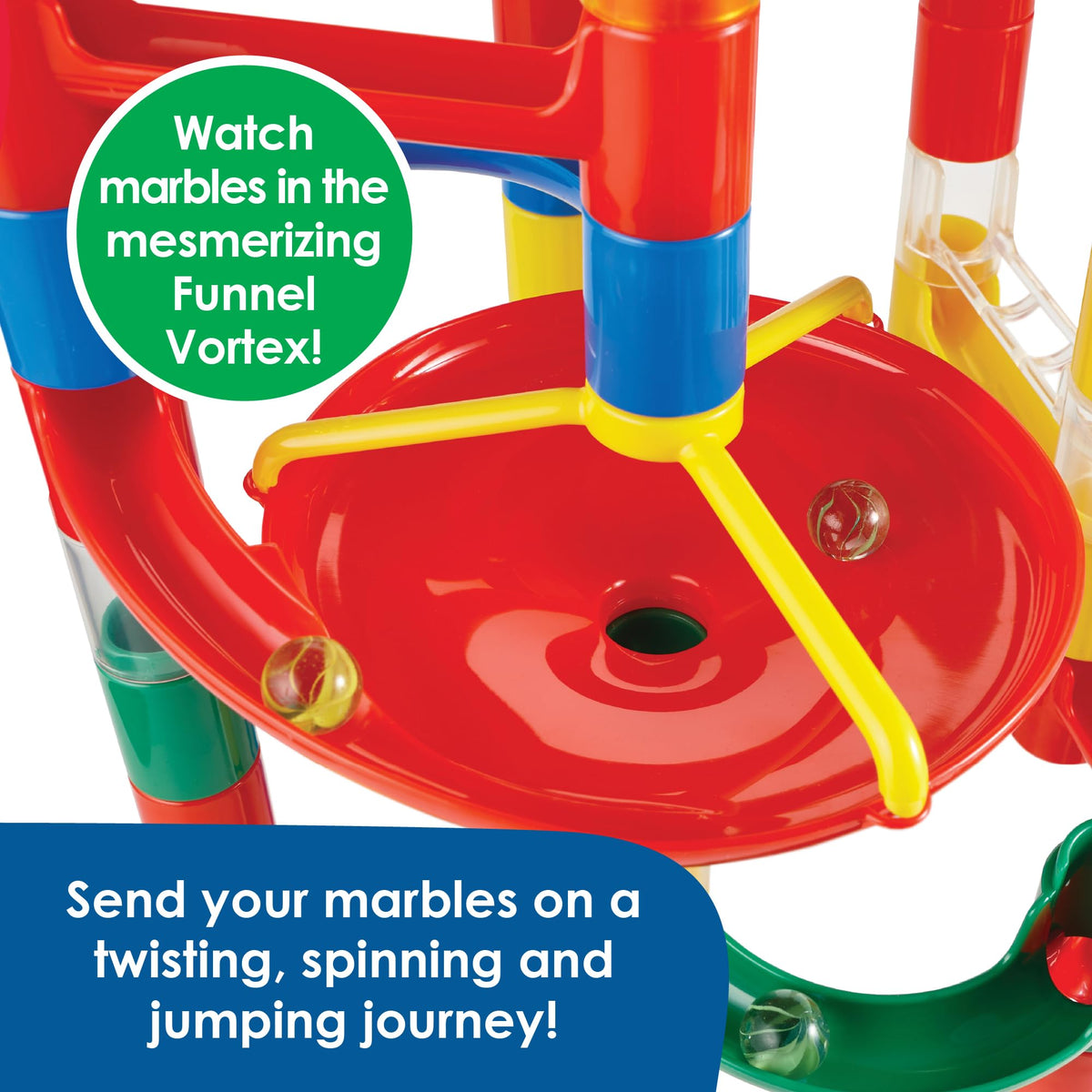 MindWare Marble Run drop-throughs highlight fast-paced moments ideal for tactile observation.