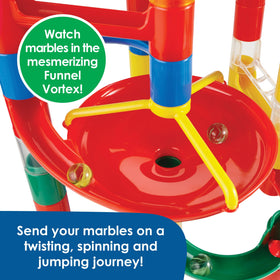 MindWare Marble Run drop-throughs highlight fast-paced moments ideal for tactile observation.