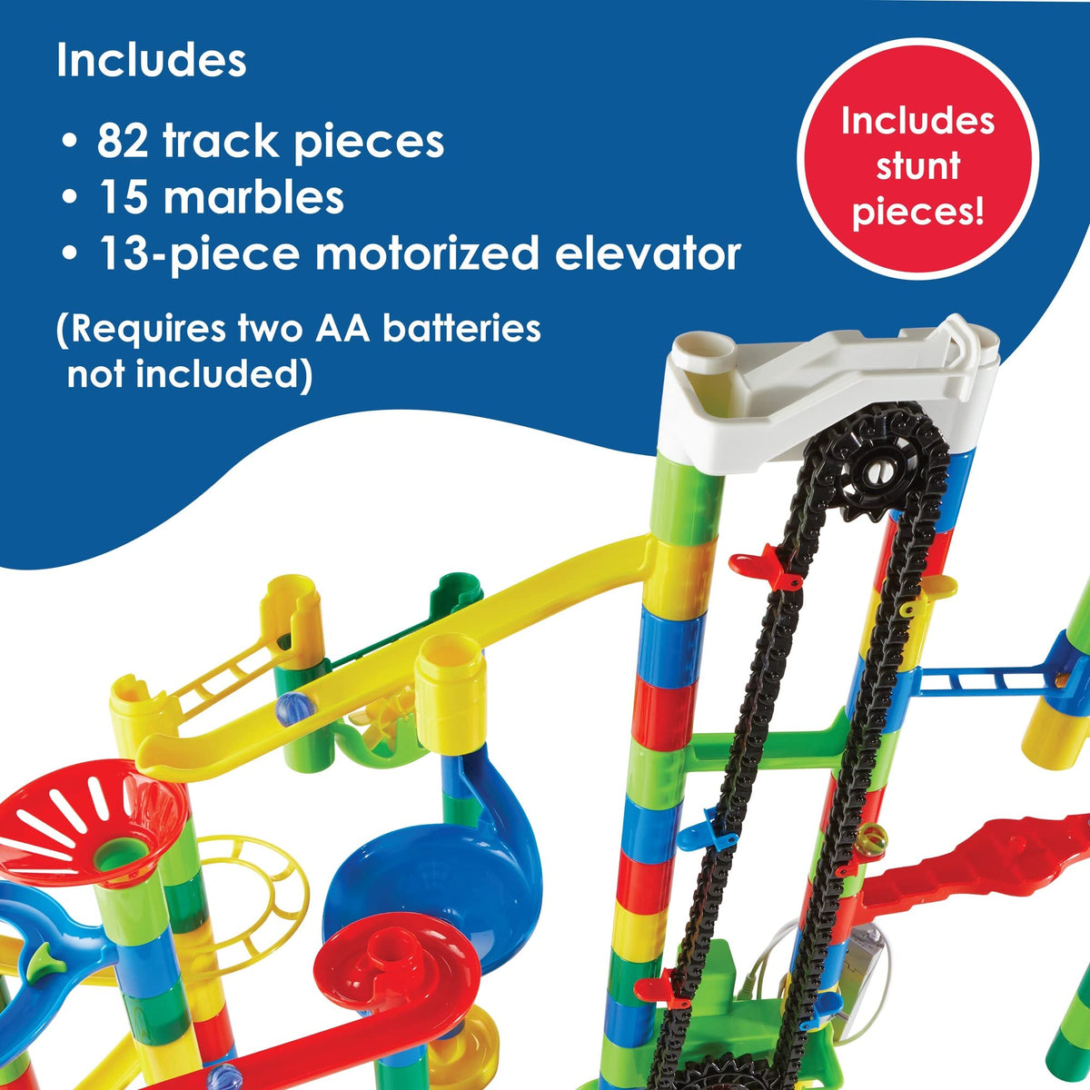MindWare Marble Run marbles rolling through a colorful course for imaginative play
