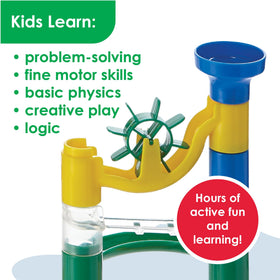 MindWare Marble Run spinners create dynamic motion that encourages anticipation and careful timing.