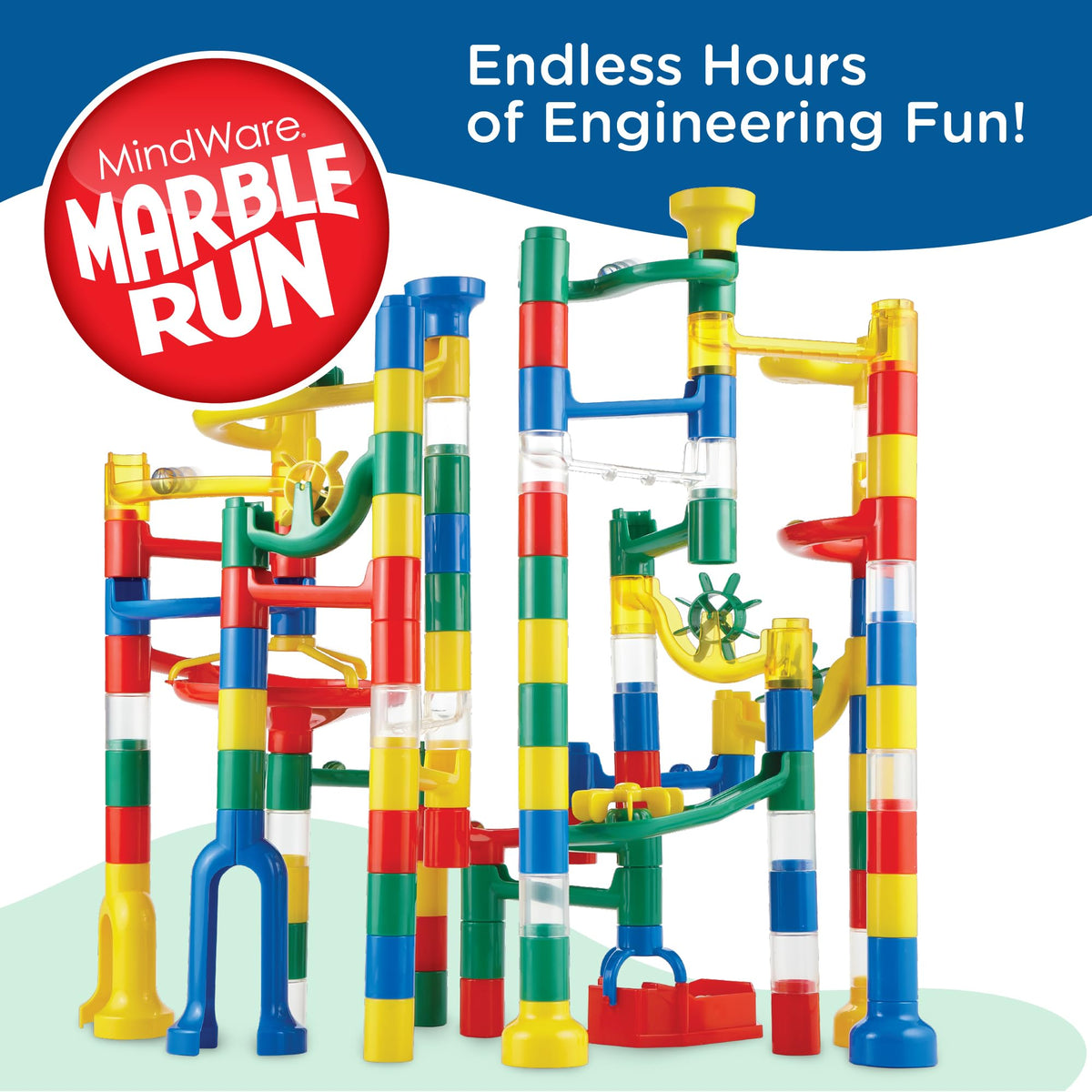 MindWare Marble Run track twists invites kids to explore varied routes and spatial reasoning.