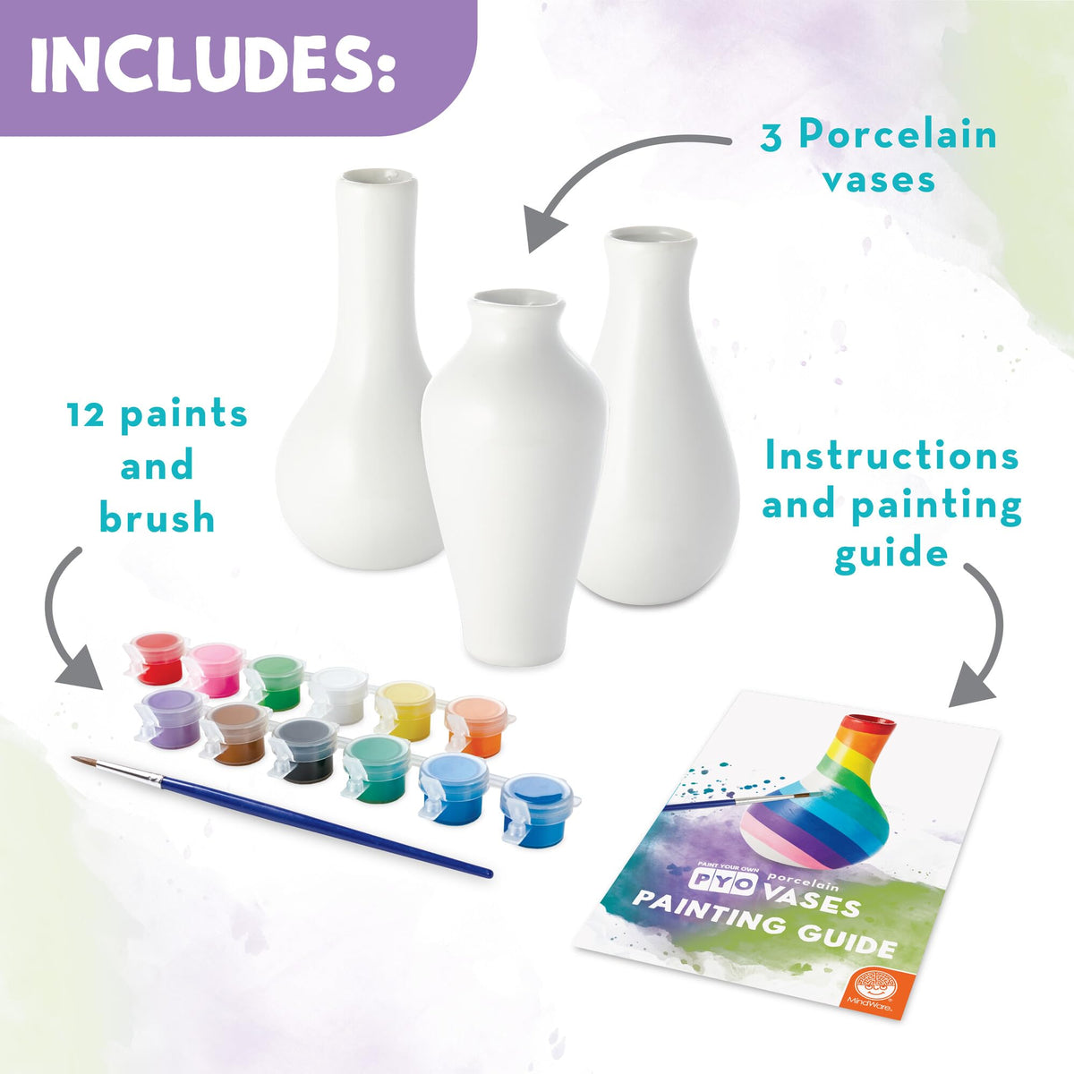 MindWare Paint Your Own Vases color palette close-up showing 12 bright porcelain paints.