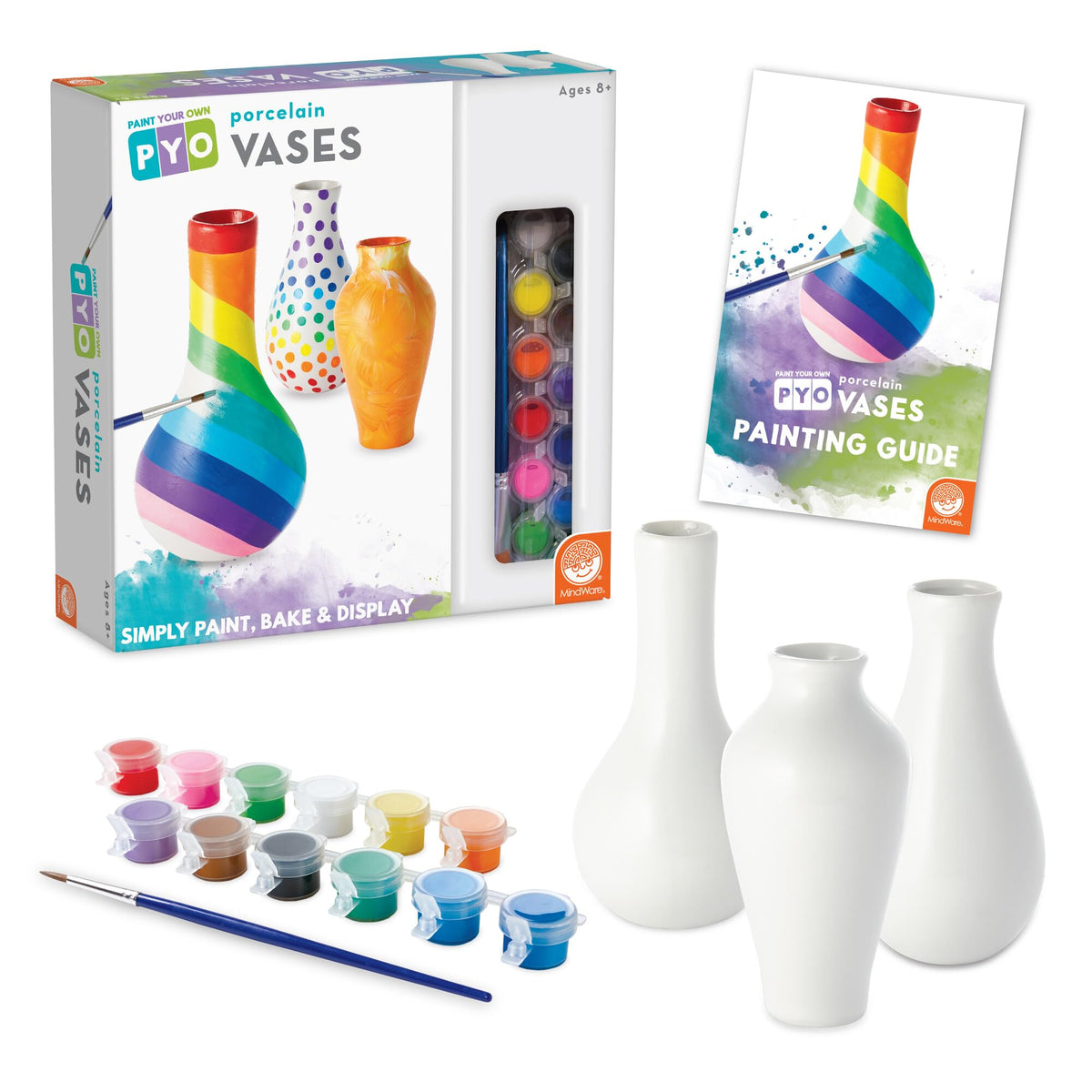 MindWare Paint Your Own Vases kit contents: three vases, paints, and brush ready for personalization.