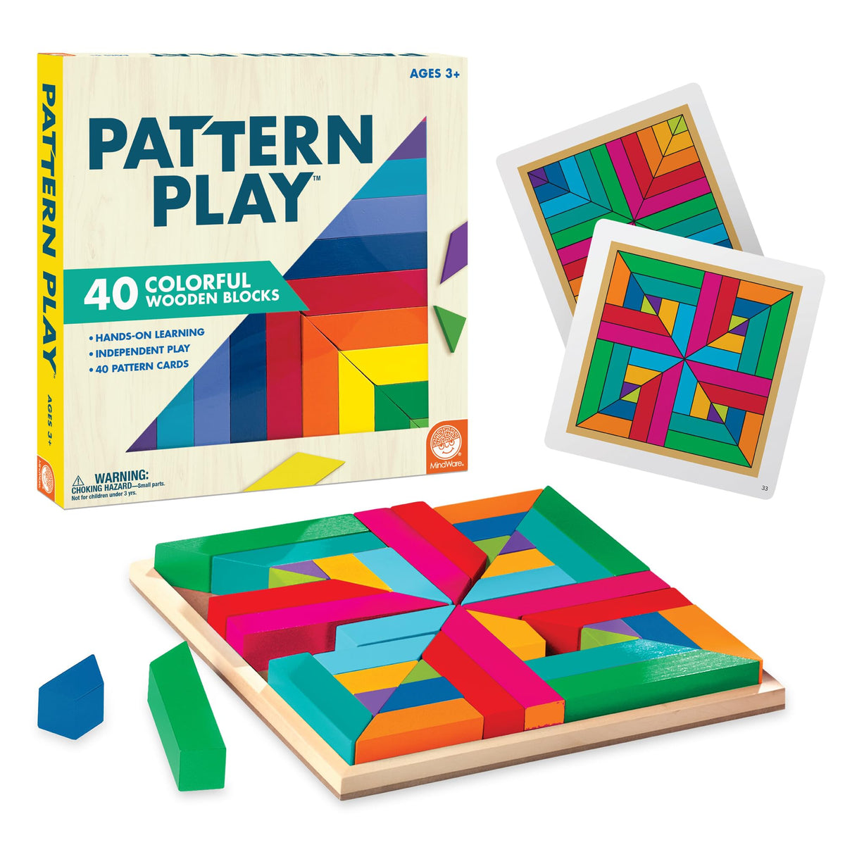 MindWare Pattern Play wood blocks offer tactile color exploration for early math play.