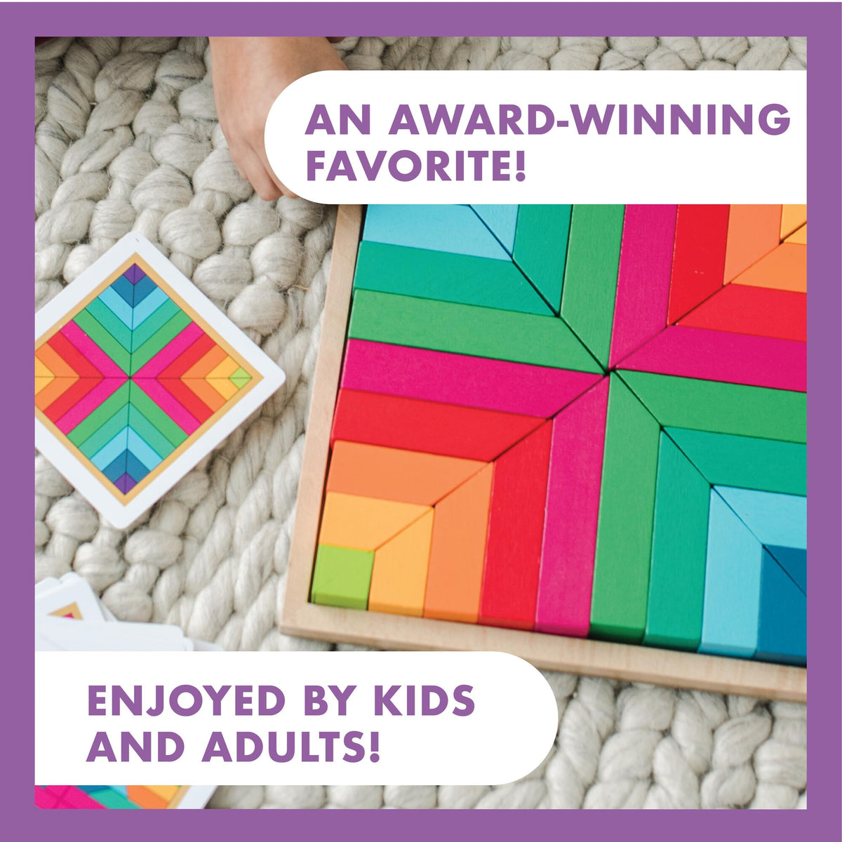 MindWare Pattern Play wood tray keeps designs organized during building.