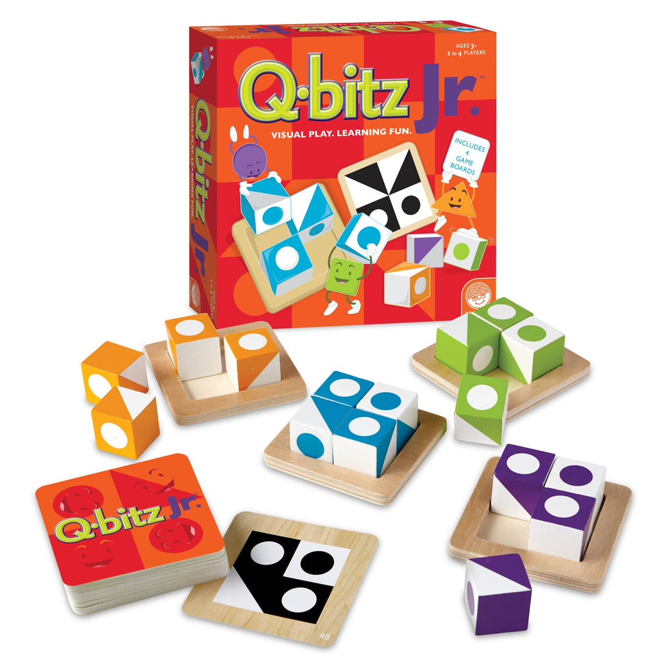 MindWare Q-bitz Jr. pattern cards illustrate colorful challenges for pattern recognition.
