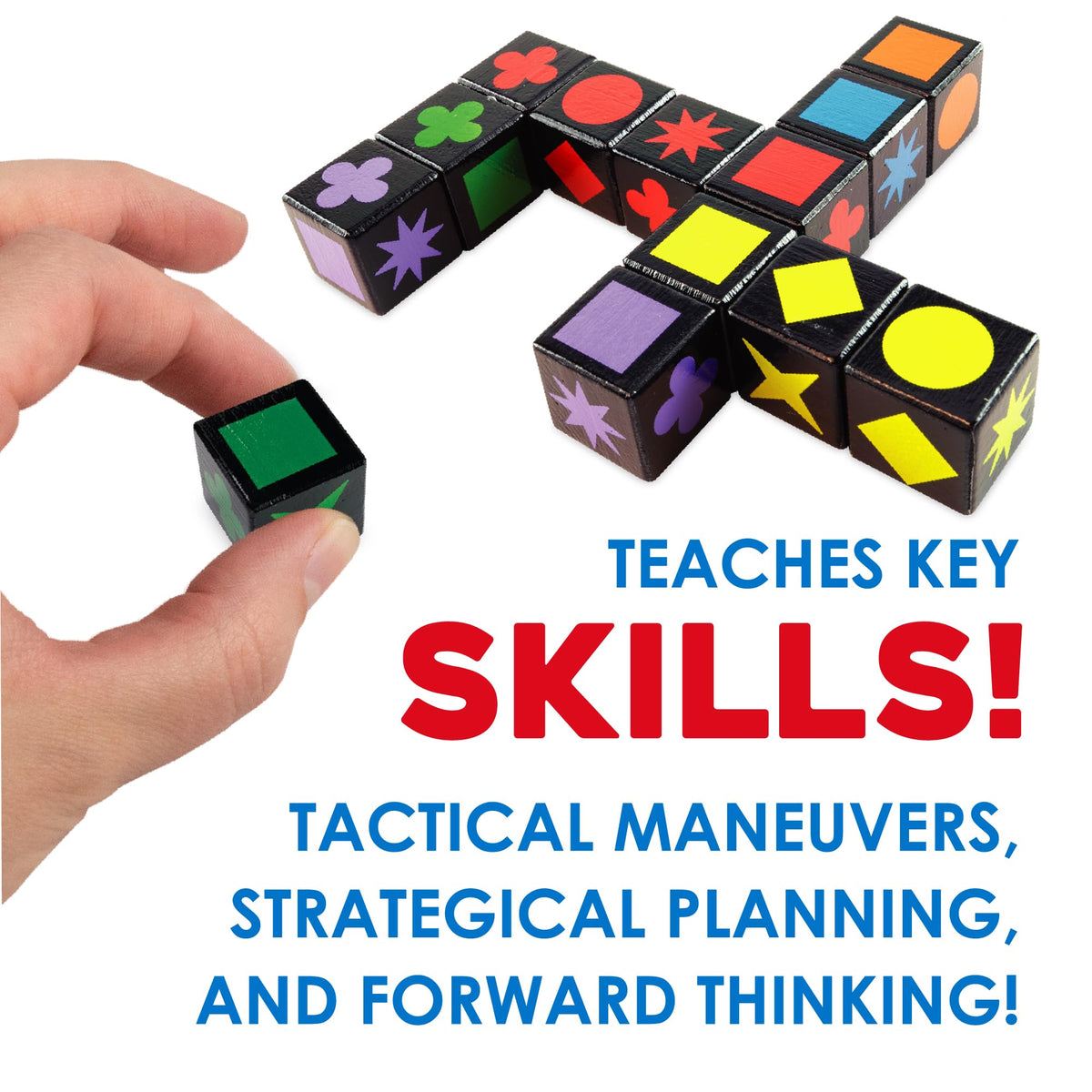 MindWare Qwirkle Cubes color-symbol combos highlight strategic thinking during play.