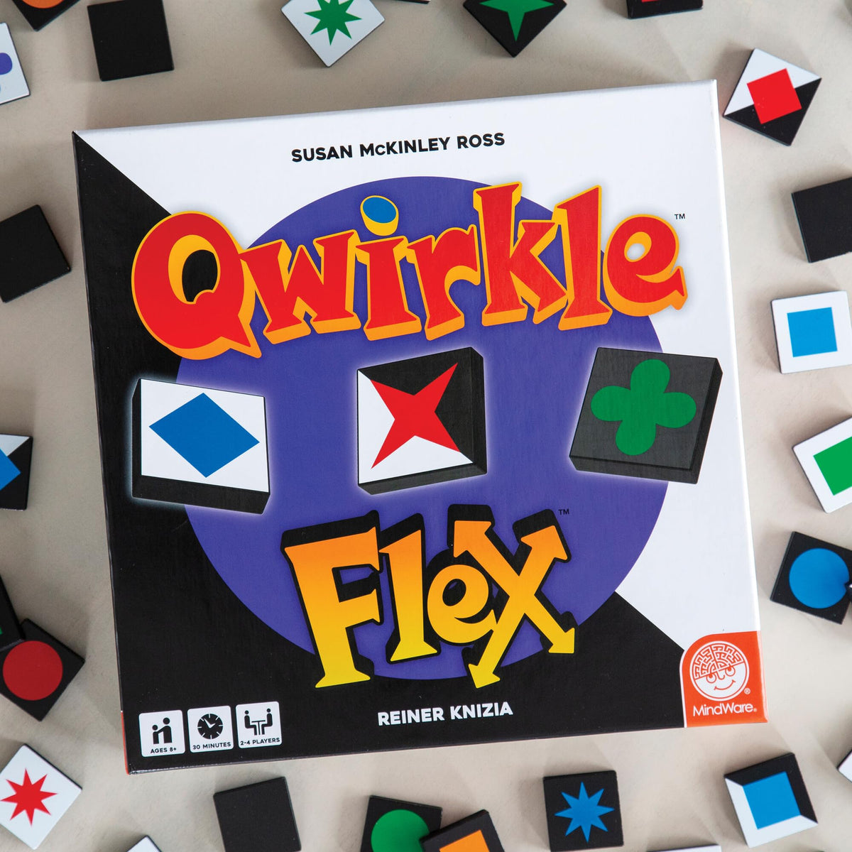 MindWare Qwirkle Flex foreground tiles for matching challenges during play.