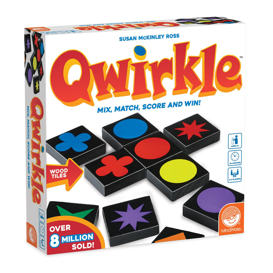 MindWare Qwirkle tiles close-up, colorful shapes inviting strategic color-shape matching family play.