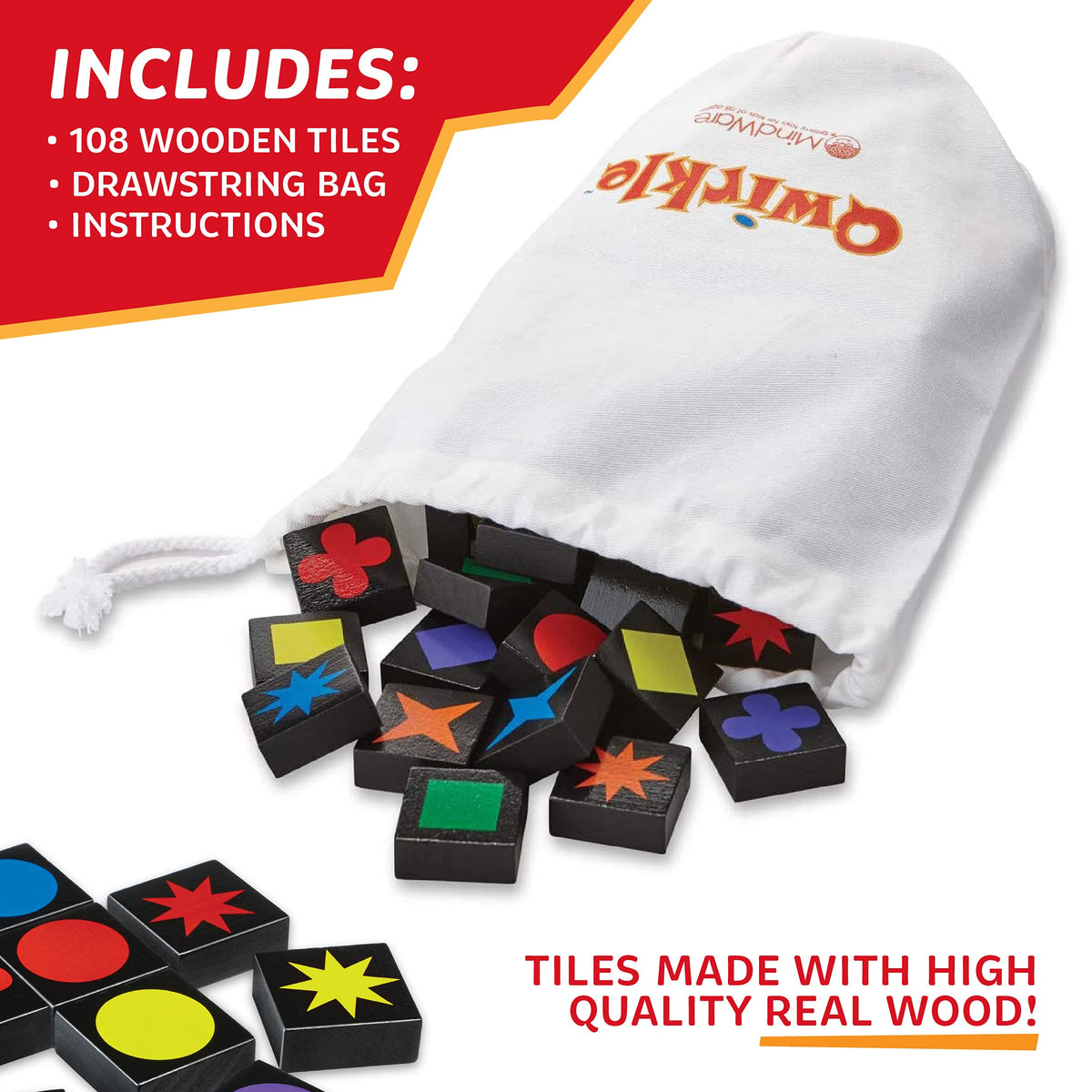 MindWare Qwirkle tiles collection showcases toy-safe wooden pieces for durable gameplay.