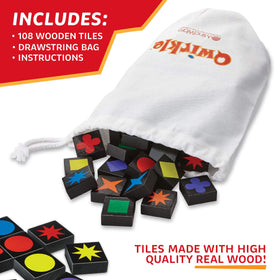 MindWare Qwirkle tiles collection showcases toy-safe wooden pieces for durable gameplay.
