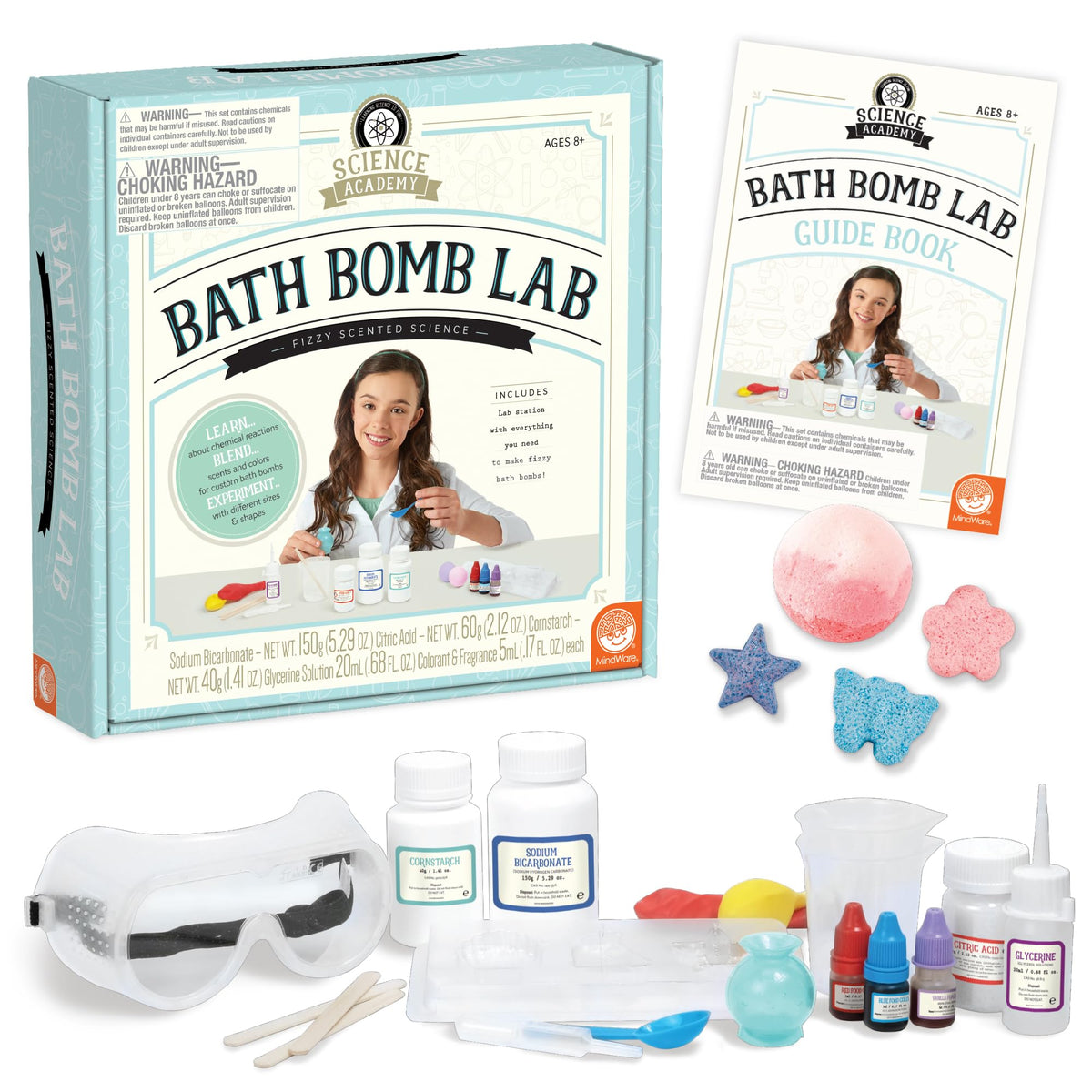 MindWare Science Academy Bath Bomb Lab kit overview with components for education.