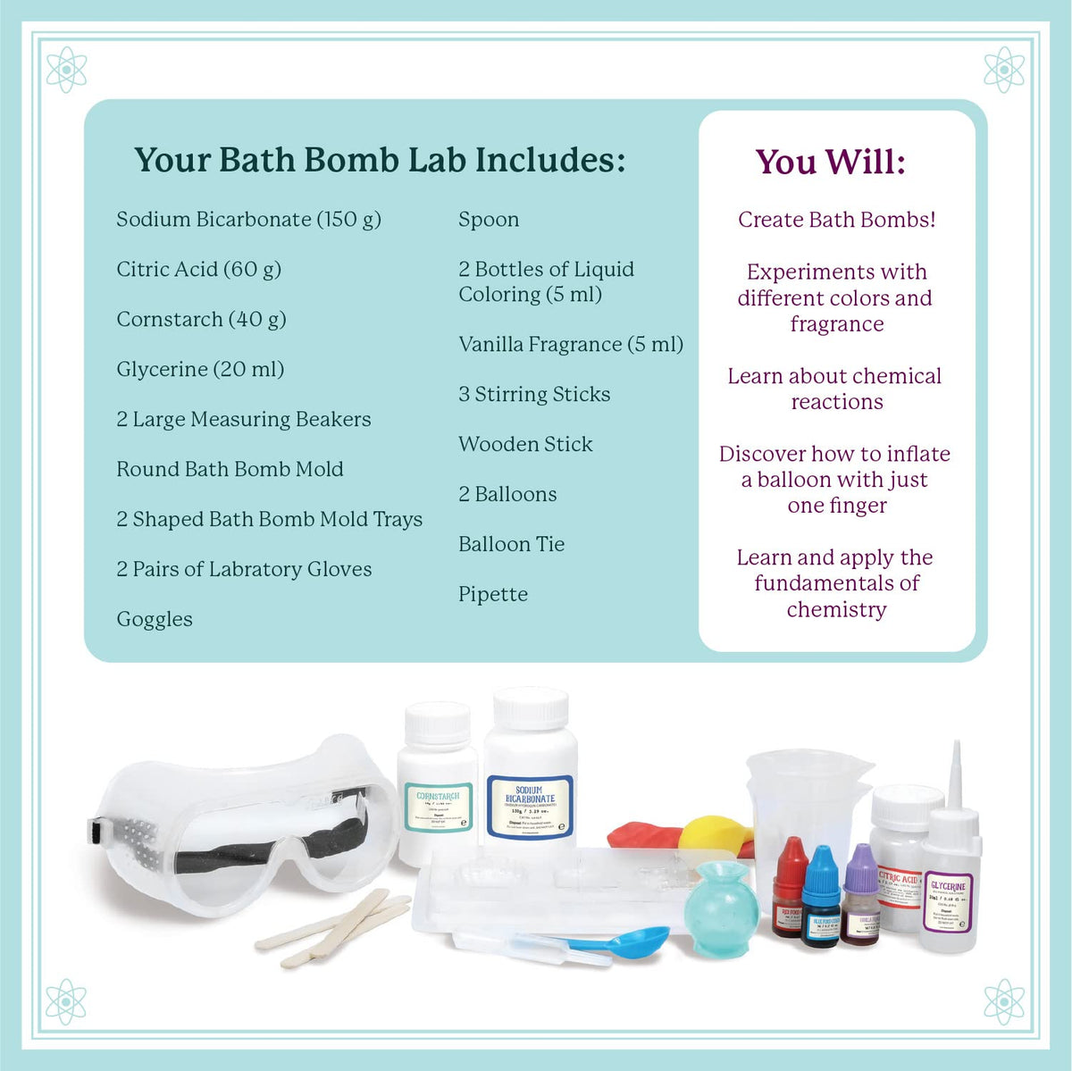 MindWare Bath Bomb Lab measuring tools and beakers for experiments.