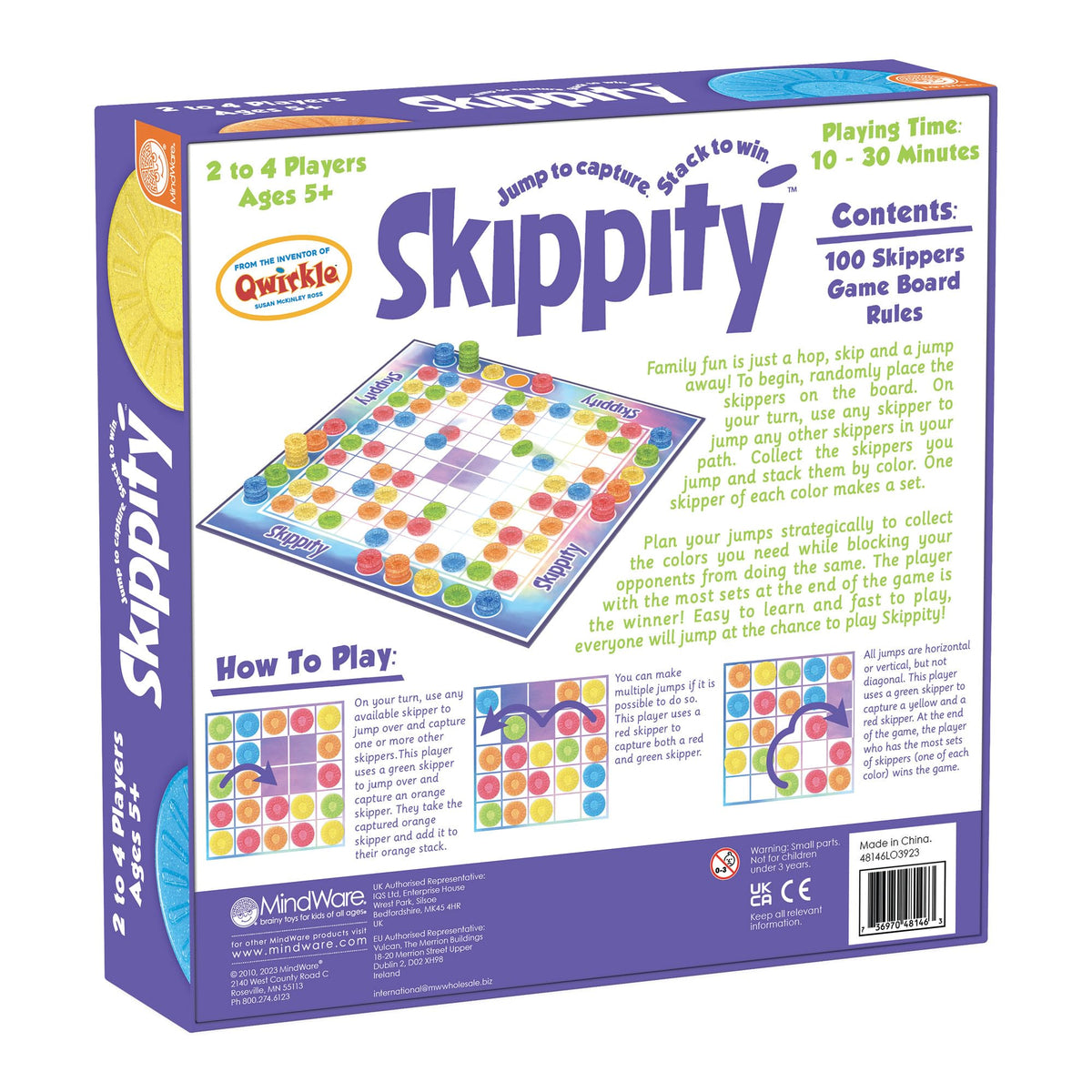 MindWare Skippity box includes board, 100 skippers, and instructions.