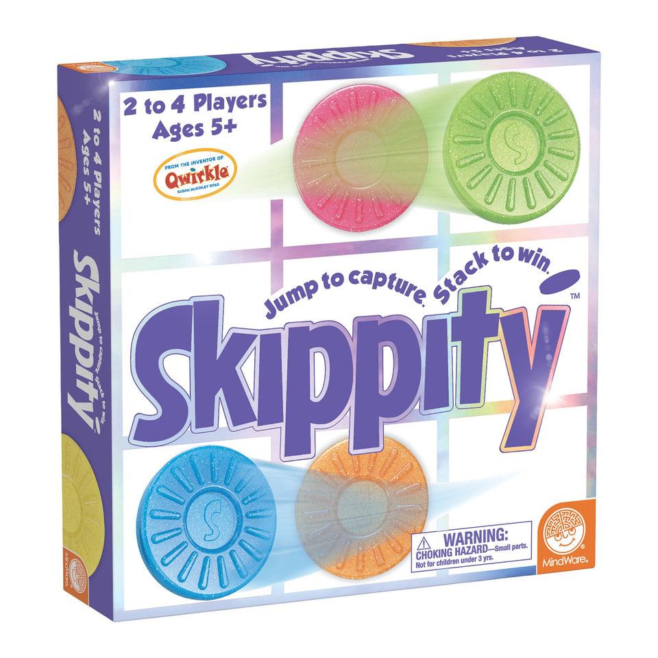 MindWare Skippity game board with colorful skippers boosts quick thinking and quick setup.