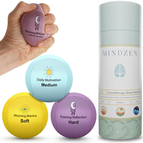 Mindzen Calming Stress Balls collection on a desk for daily calm and focus.