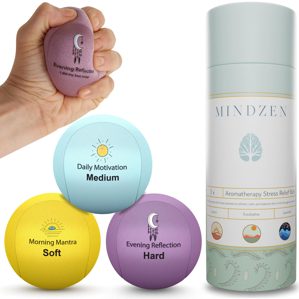 Mindzen Calming Stress Balls collection on a desk for daily calm and focus.