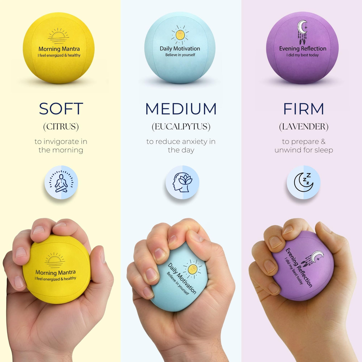 Mindzen hand-strength stress ball shows varying resistance for grip training.