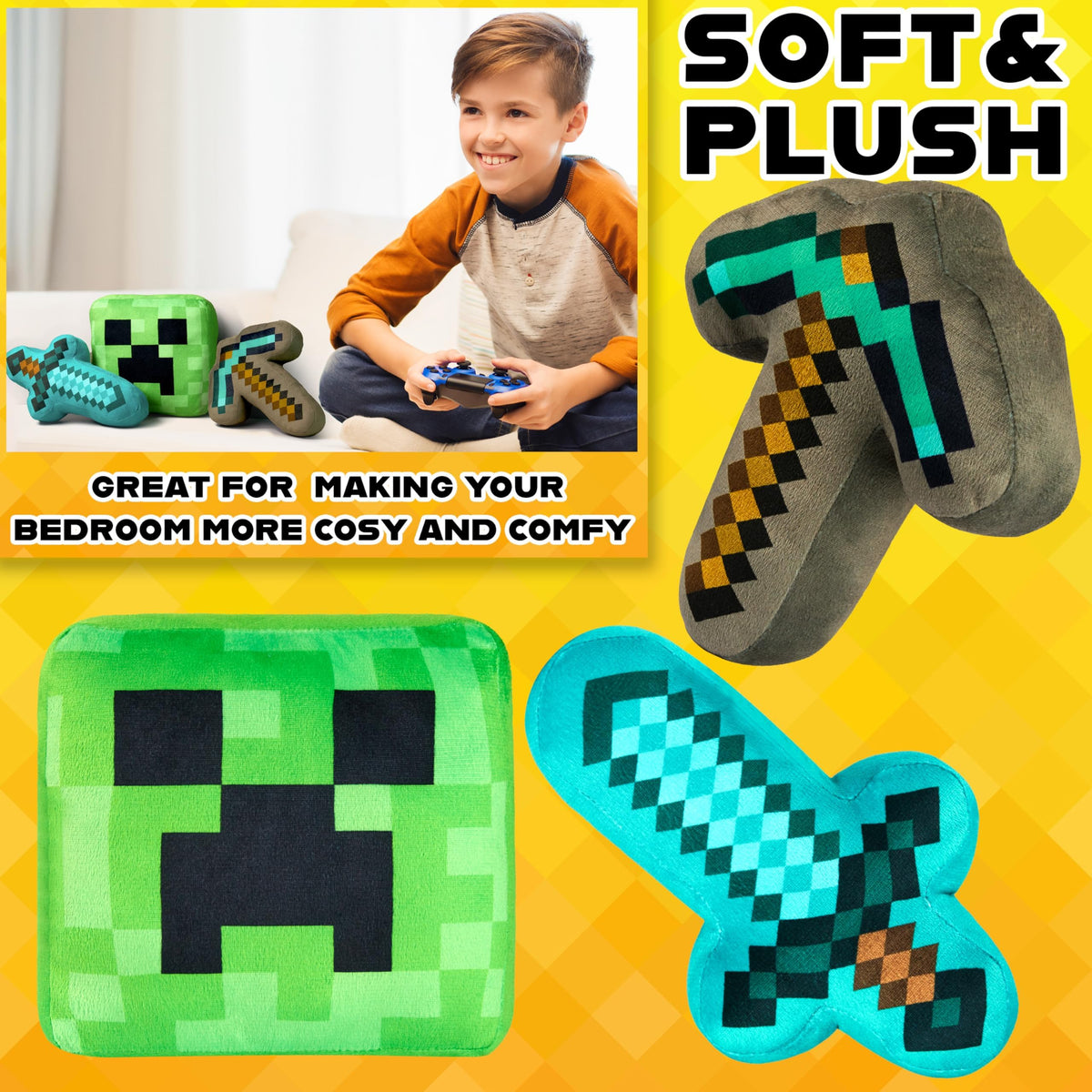 Minecraft licensed plush set—great for gifts and display.