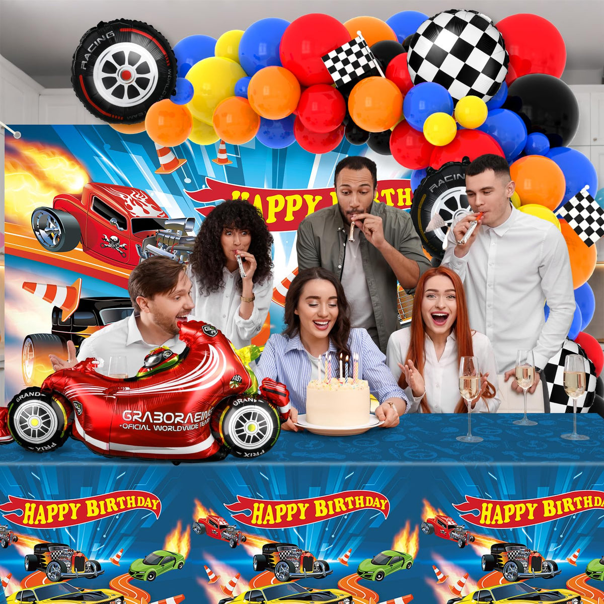 MinFyberd checkered foil balloons amplify the race theme