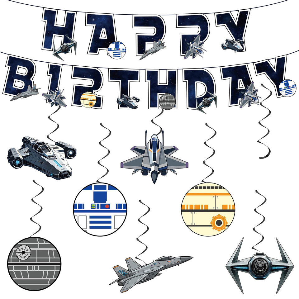 MinFyberd Galaxy Wars banner creates a bold birthday backdrop for photos.