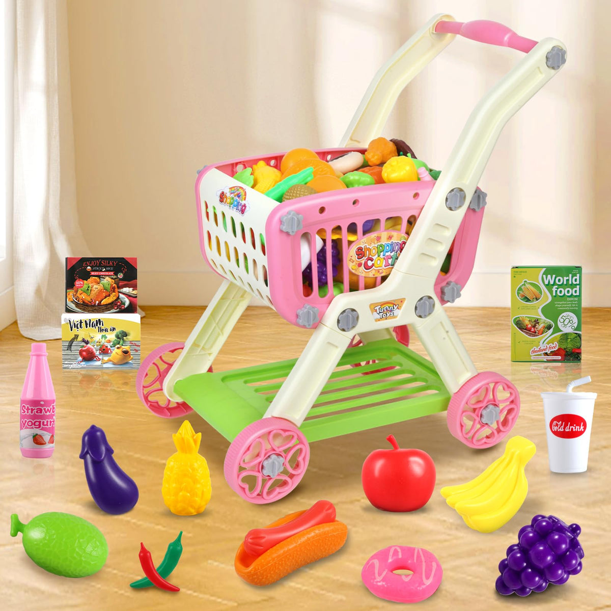 Ming You fruit collection play pieces encourages counting and recognition during pretend shopping.