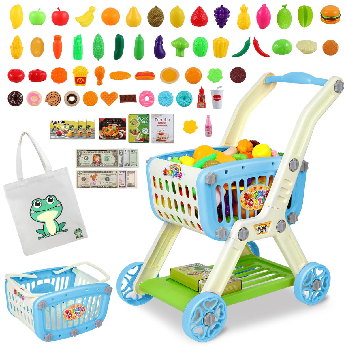 Ming You kids shopping cart blue, assembled for imaginative play.