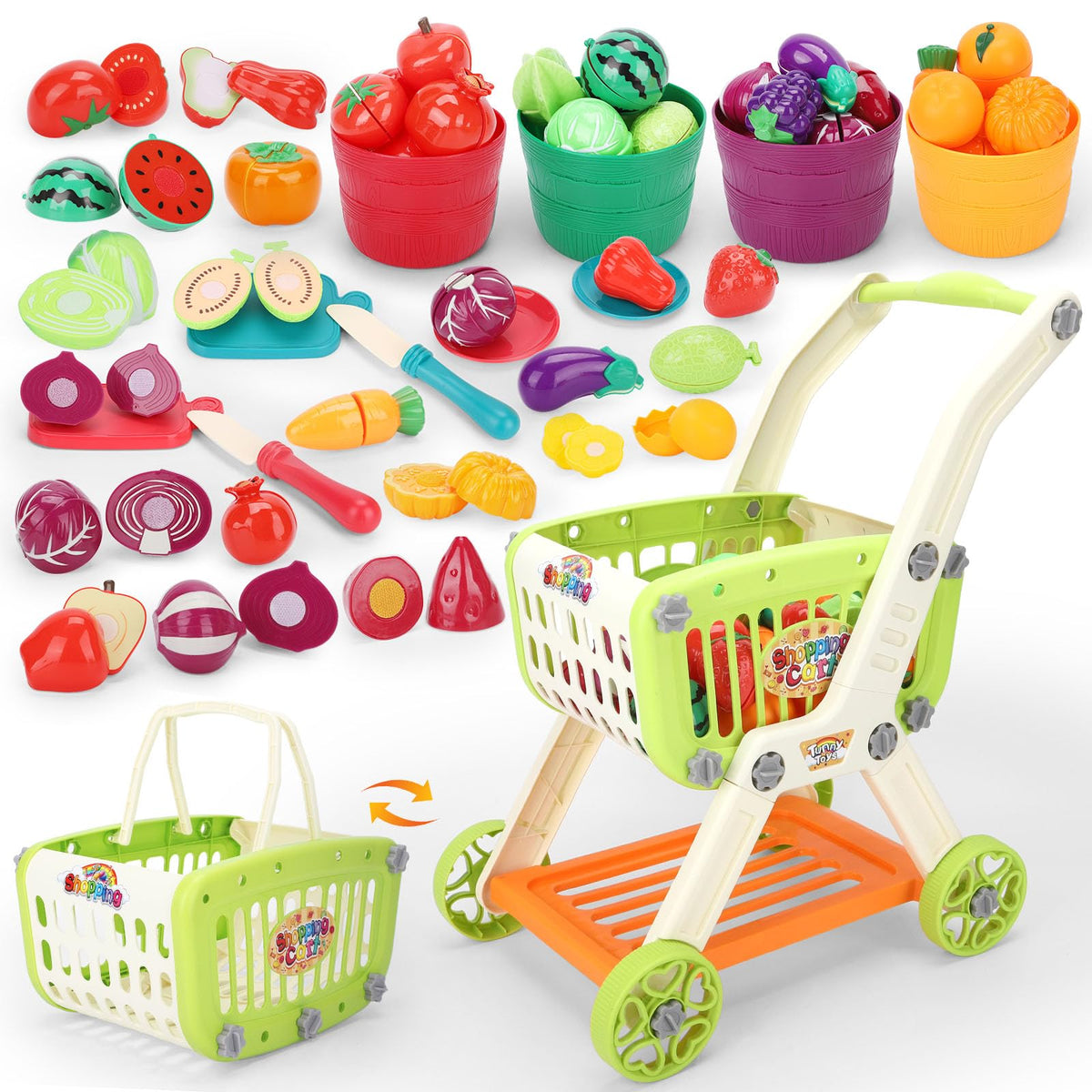 Ming You kids shopping cart visual with pretend items boosts imaginative play and social skill.