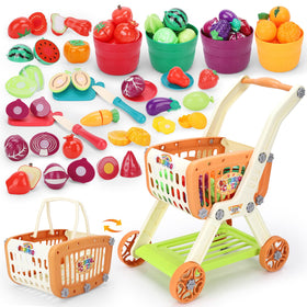 Ming You kids shopping cart and cutting play food set for imaginative pretend shopping.